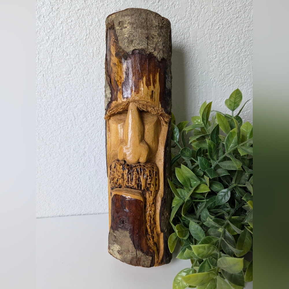 Rustic Wood Carved Face Art , Hand Carved Oregon Wood , Lodge Decor